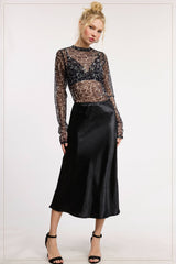 JBP4222-High-Waisted Midi Length Satin Effect Solid Skirt: Brown / L