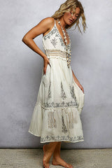 V-neck Sleeveless Smocked Band Ruffle Woven Dress