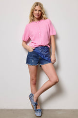 Short Sleeve Button Down Cardigan Top: Tangerine / L