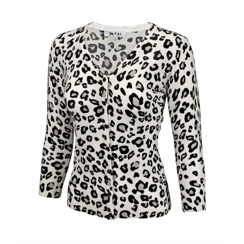 Leopard 3/4 Sleeve V-Neck Buttoned Sweater Cardigan CO078LEO: IVORY/GREY / M