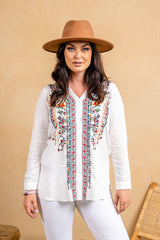 Viscose Split Collar Embroidered Pull-Over Shirt 5109-MAT : White / M
