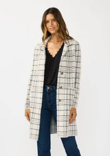 Plaid Notched Collar Button Front Cardigan: Cream/Black / S