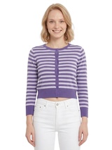 3/4 Sleeve Crewneck Striped Sweater Cardigan MK3521: RED/IVORY / M
