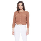3/4 Sleeve Crewneck Knit Cropped Cardigan Sweater MK3514: NAVY / M