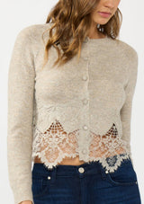 Lace Trim Button Front Cardigan: BLACK / S