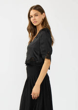 V-Neck Button Front Blouse with Lace Trim: BLACK/ BLACK / M