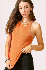 HBT7642-Mineral Washed Stretchy Ribbed Halter Neck Tank Top: Royal / M