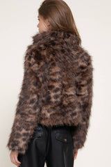 Long Sleeve Notched Collar Printed Faux Fur Jacket: KHA-camel / L