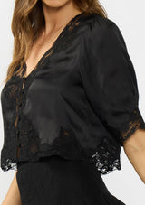 V-Neck Button Front Blouse with Lace Trim: BLACK/ BLACK / S
