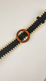 Whipstitch Raffia Belt with Wooden Round Buckle: Natural