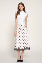 Mid Rise lace Trim Dot Print Satin Midi Skirt: BLK-black/white / L