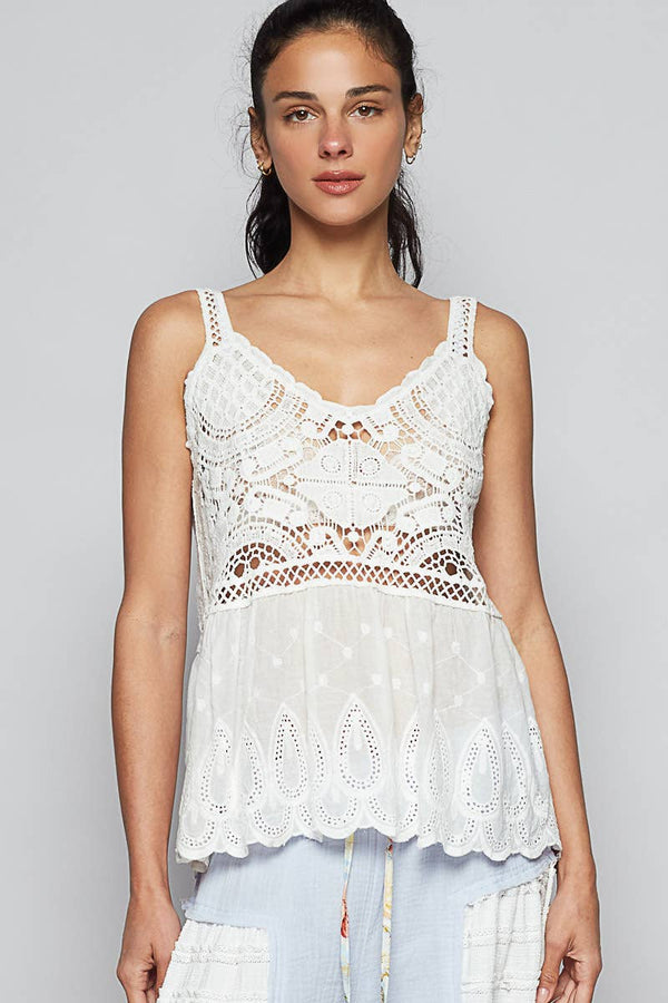 V-neck sleeveless floral embroidery crochet woven top
