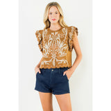 Flutter Sleeve Suede Embroidery Detail Top