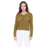 Lace Pattern V-Neck Scallop Hem Button Down Cardigan MK3659: SAGE / L