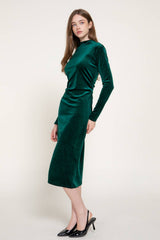 Long Sleeve High Neck Shirring Glitter Velvet Long Dress: RED-dark red / S