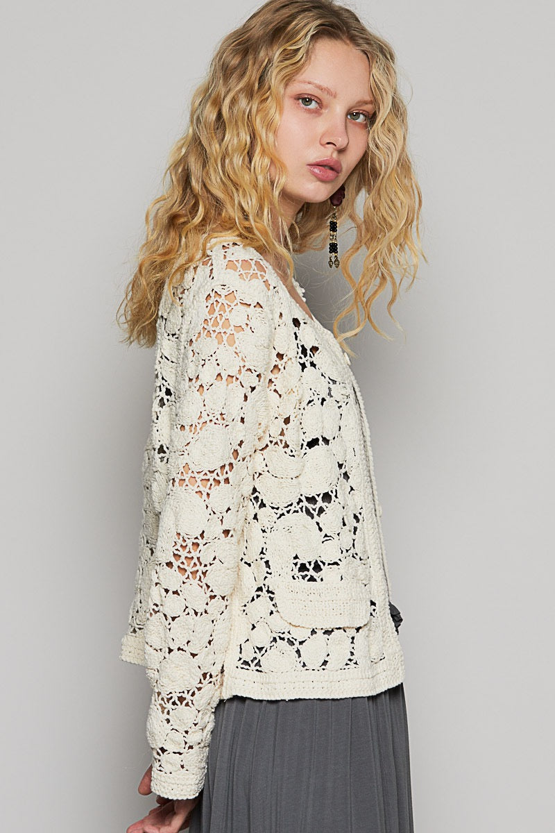 V-Neck Long Sleeve Crochet Cardigan