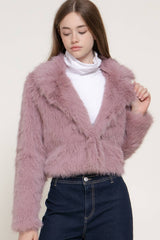 Notched Collar Faux Fur Crop Jacket: GRY-grey-171080 / S