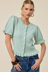 Puff Sleeve Ruffle Hem Knit Cardigan: Rust Brown / M