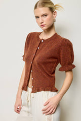 Puff Sleeve Ruffle Hem Knit Cardigan: Rust Brown / M