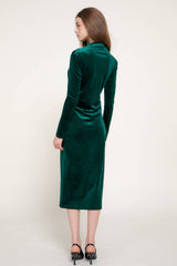 Long Sleeve High Neck Shirring Glitter Velvet Long Dress: RED-dark red / S