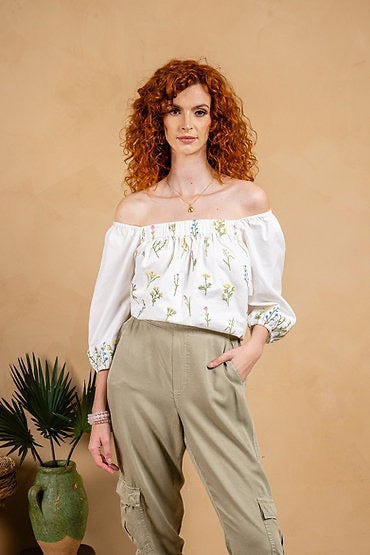 Poplin Embroidered Top with Puff Sleeve