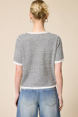 Striped Short Sleeve Button Cardigan: Black / L
