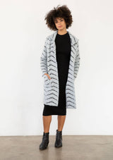 Fuzzy Chevron Jacquard Button Front Cardigan: Black/White / S