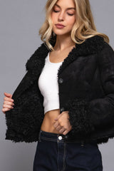 Long Sleeve Inside Fur Detail Penny Lane Suede Short Jacket: BLK-black / M