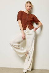 Puff Sleeve Ruffle Hem Knit Cardigan: Rust Brown / S