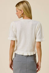Puff Sleeve Ruffle Hem Knit Cardigan: Rust Brown / M