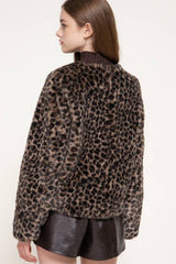 Long Sleeve Round Neck Printed Faux Fur Jacket: TPE-taupe/black / M