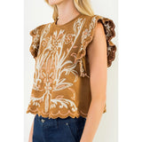 Flutter Sleeve Suede Embroidery Detail Top