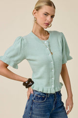 Puff Sleeve Ruffle Hem Knit Cardigan: Rust Brown / M
