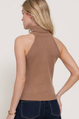 Sleeveless Turtle Neck Front Cable Sweater: BLK-black / M