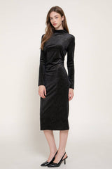 Long Sleeve High Neck Shirring Glitter Velvet Long Dress: RED-dark red / S