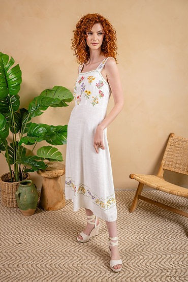 Linen Blend Embroidered Maxi Dress