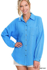`Oversized Raw Edge Shirt W/ Back Patch Zenana: LT GREY-153903 / XL