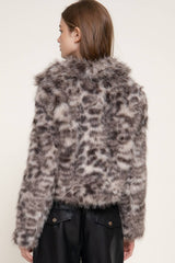 Long Sleeve Notched Collar Printed Faux Fur Jacket: IVY-cream / S