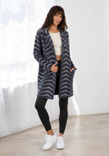 Fuzzy Chevron Jacquard Button Front Cardigan: Black/White / M