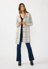 Plaid Notched Collar Button Front Cardigan: Cream/Black / L