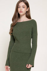 Bell Sleeve Wide Boat Neck Sweater: BRN-caramel brown / S