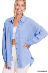 `Oversized Raw Edge Shirt W/ Back Patch Zenana: LT GREY-153903 / XL