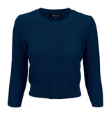 3/4 Sleeve Crewneck Knit Cropped Cardigan Sweater MK3514: NAVY / M