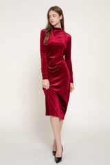 Long Sleeve High Neck Shirring Glitter Velvet Long Dress: RED-dark red / L
