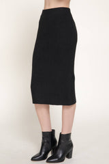 Pencil Midi Sweater Skirt with Back Slit: BRN-caramel brown / L