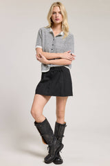 Striped Short Sleeve Button Cardigan: Black / L