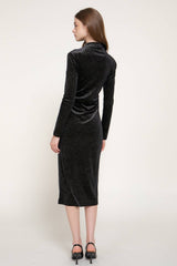 Long Sleeve High Neck Shirring Glitter Velvet Long Dress: RED-dark red / L