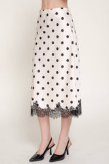 Mid Rise lace Trim Dot Print Satin Midi Skirt: BRN-brown/white / S