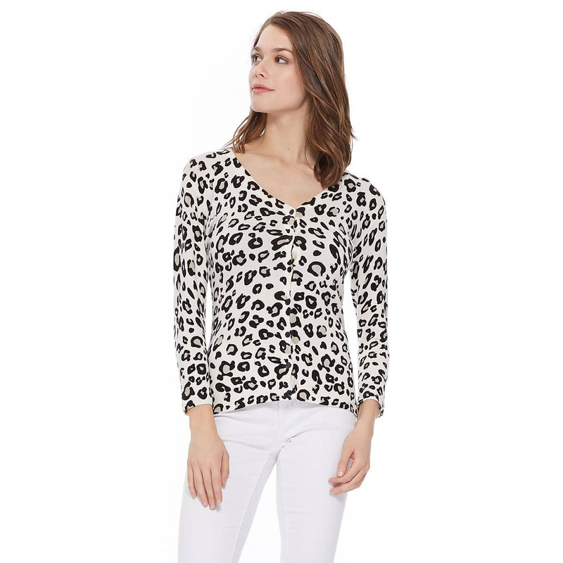 Leopard 3/4 Sleeve V-Neck Buttoned Sweater Cardigan CO078LEO: IVORY/GREY / L