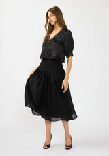 V-Neck Button Front Blouse with Lace Trim: BLACK/ BLACK / S
